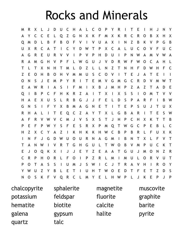 Rocks and Minerals Word Search