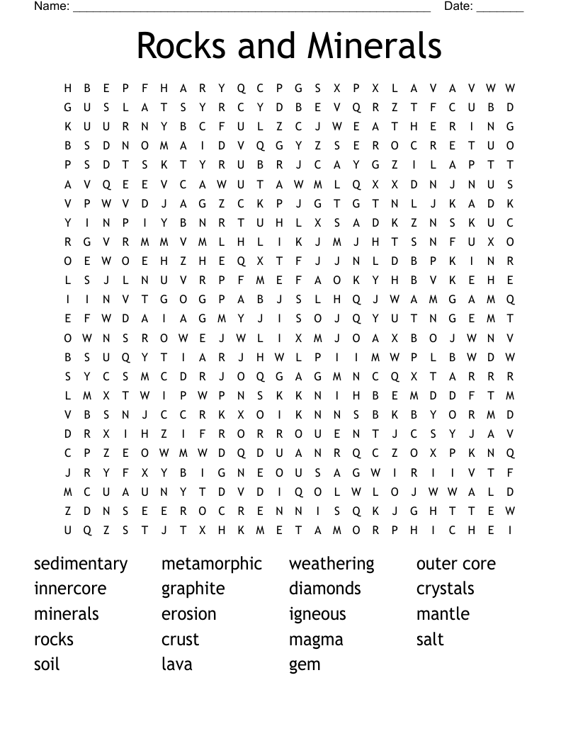 Rocks and Minerals Word Search