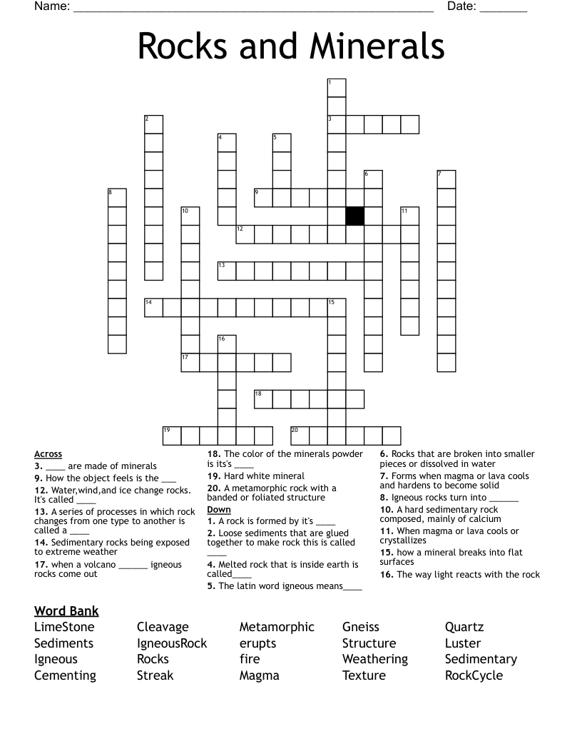 Rocks and Minerals Crossword