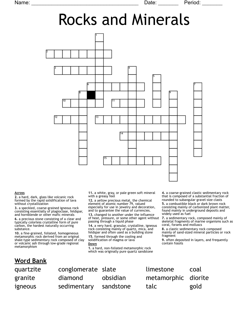 Rocks and Minerals Crossword
