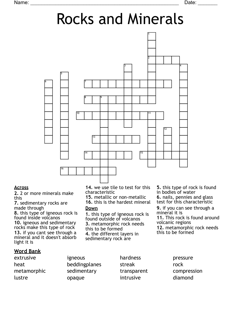 Rocks and Minerals Crossword
