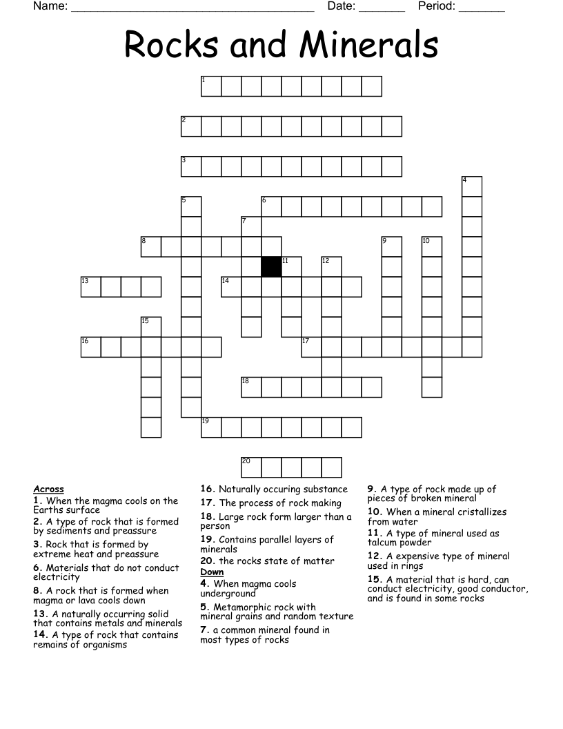 Rocks and Minerals Crossword