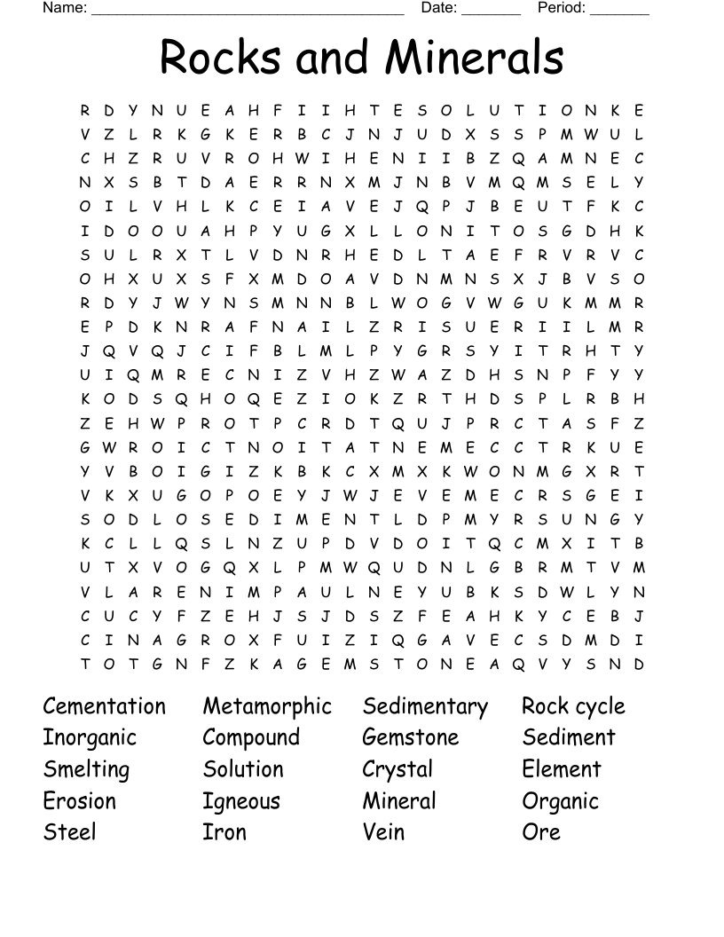 Rocks and Minerals Word Search