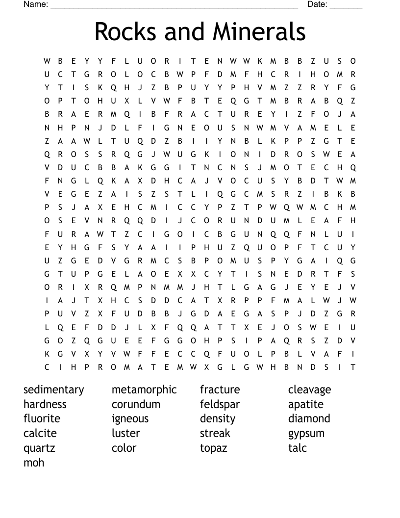 Rocks and Minerals Word Search