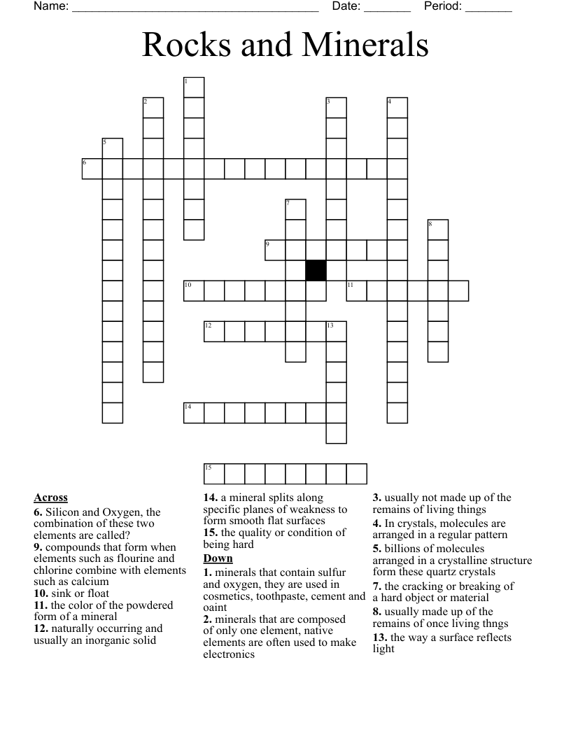 Rocks and Minerals Crossword