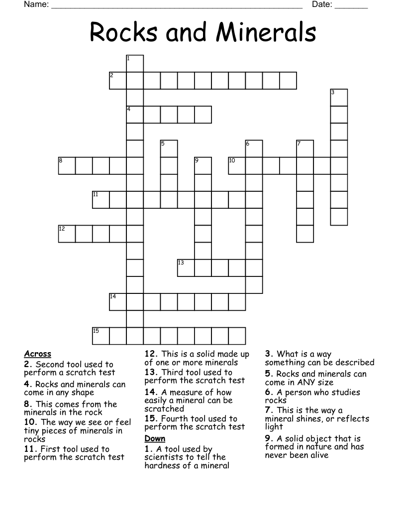 Rocks and Minerals Crossword