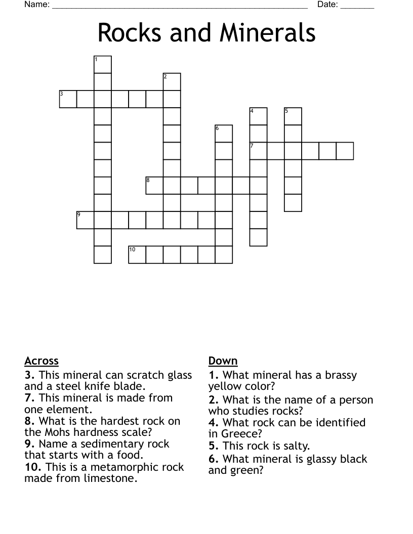 Rocks and Minerals Crossword