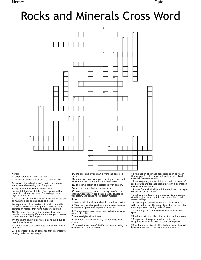 Rocks and Minerals Cross Word