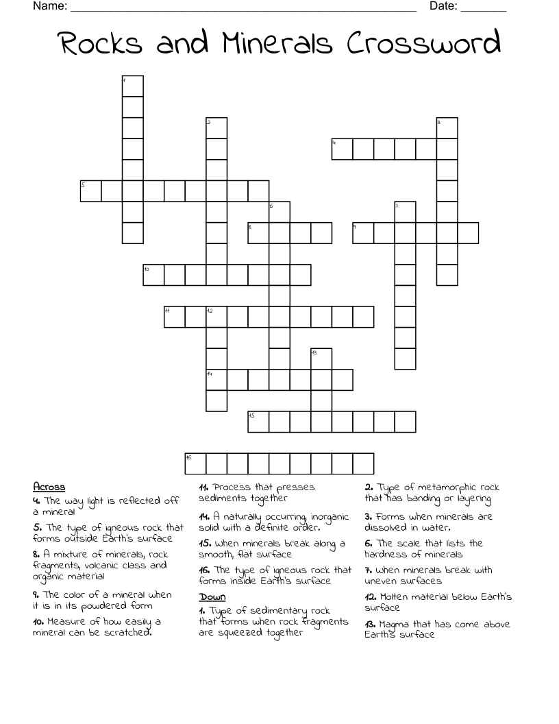 Rocks and Minerals Crossword