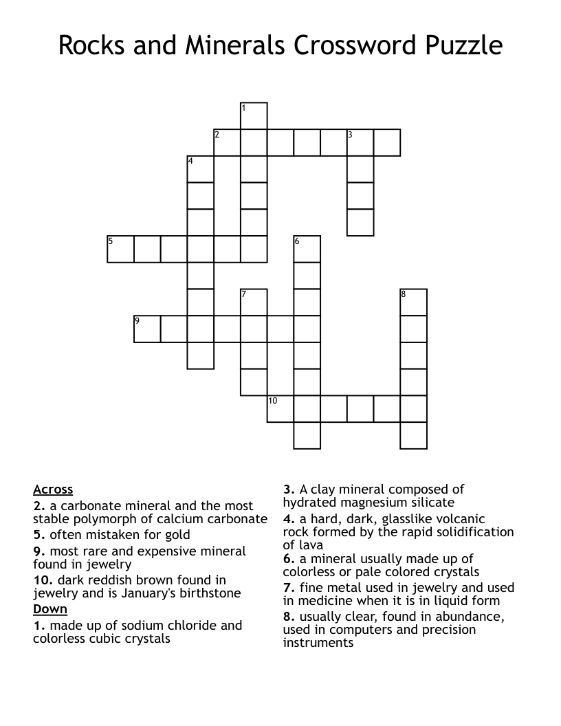 Rocks and Minerals Crossword Puzzle