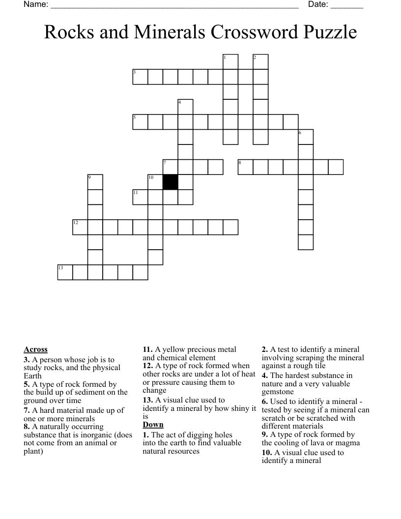 Rocks and Minerals Crossword Puzzle 