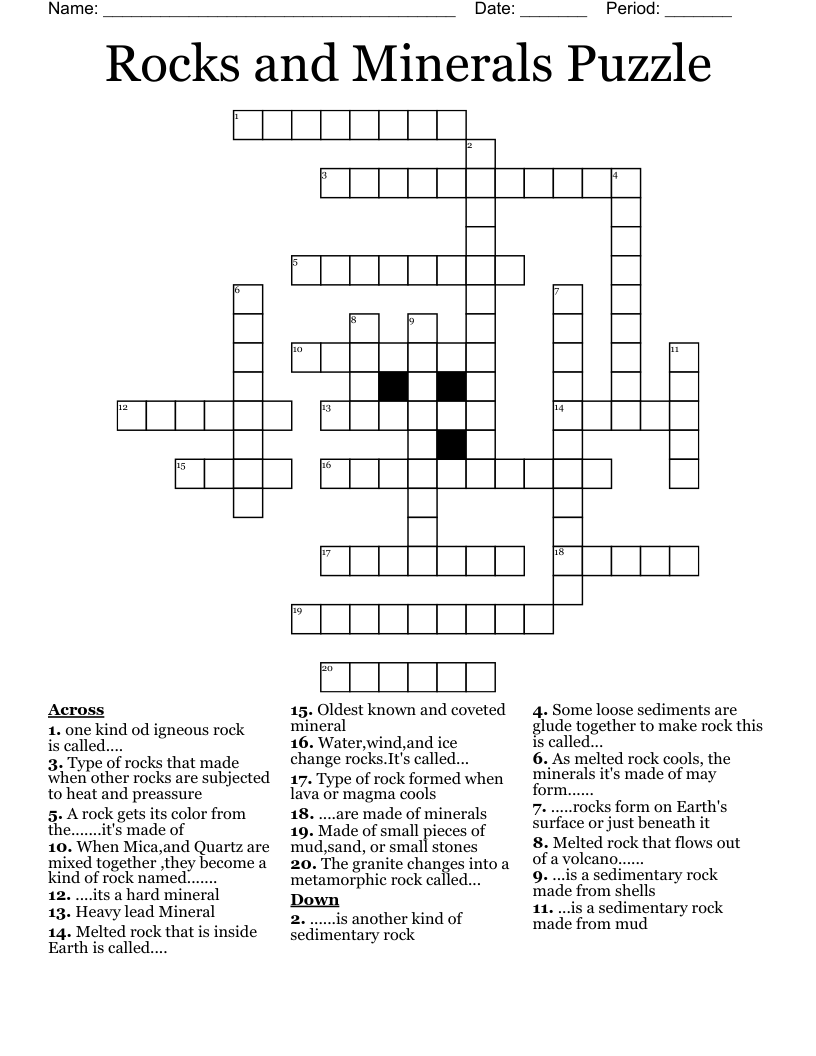 Rocks and Minerals Puzzle Crossword