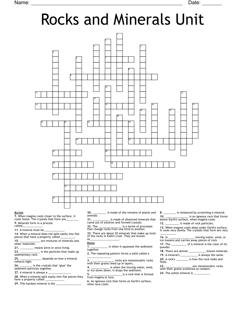 Rocks and Minerals Unit Crossword