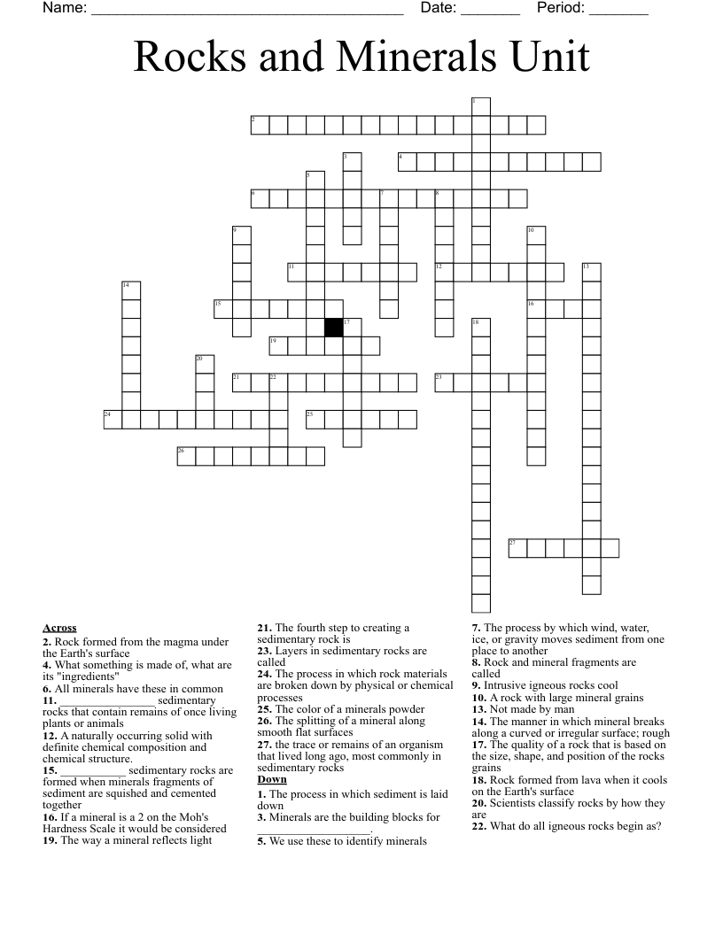 Rocks and Minerals Unit Crossword