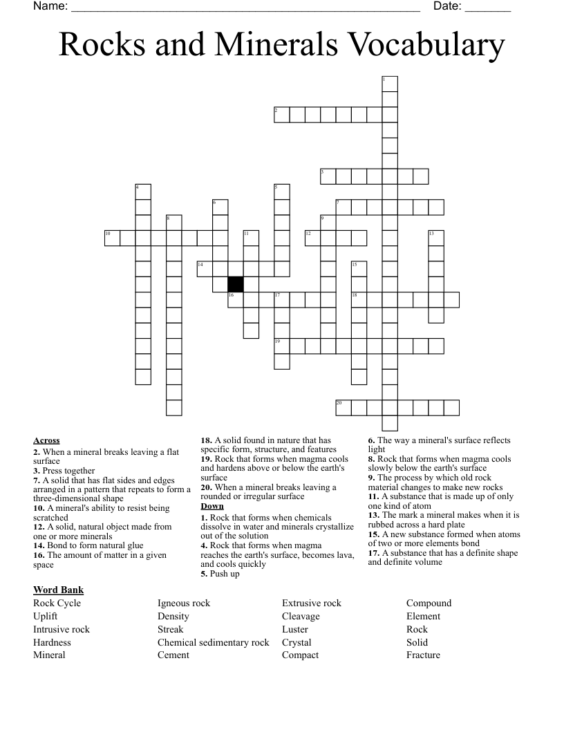 Rocks and Minerals Vocabulary Crossword