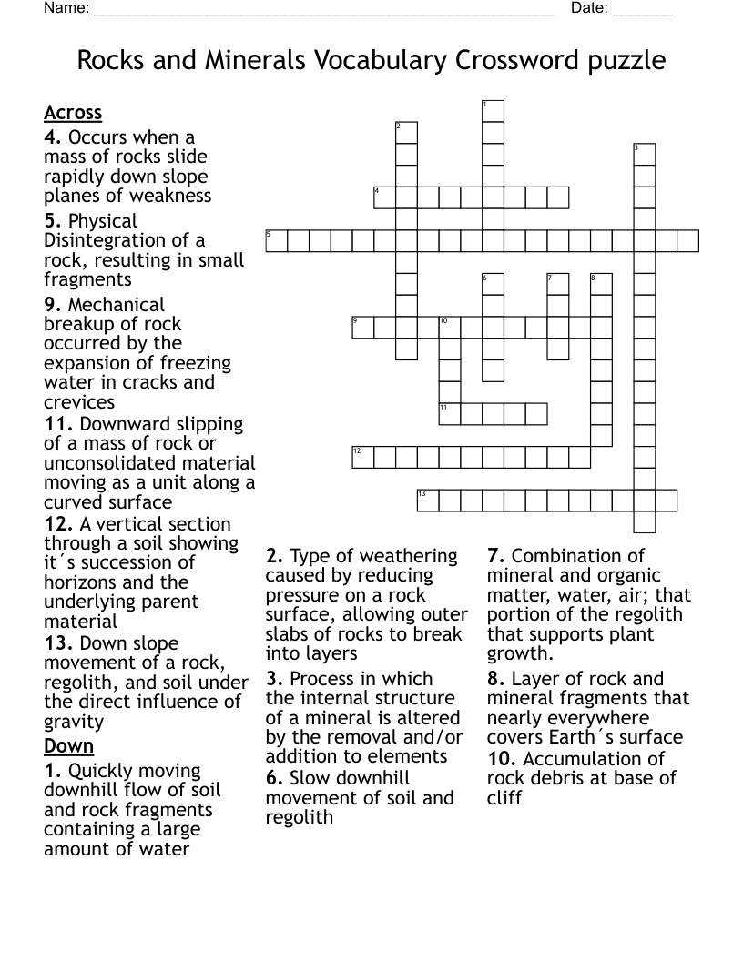 Rocks and Minerals Vocabulary Crossword puzzle