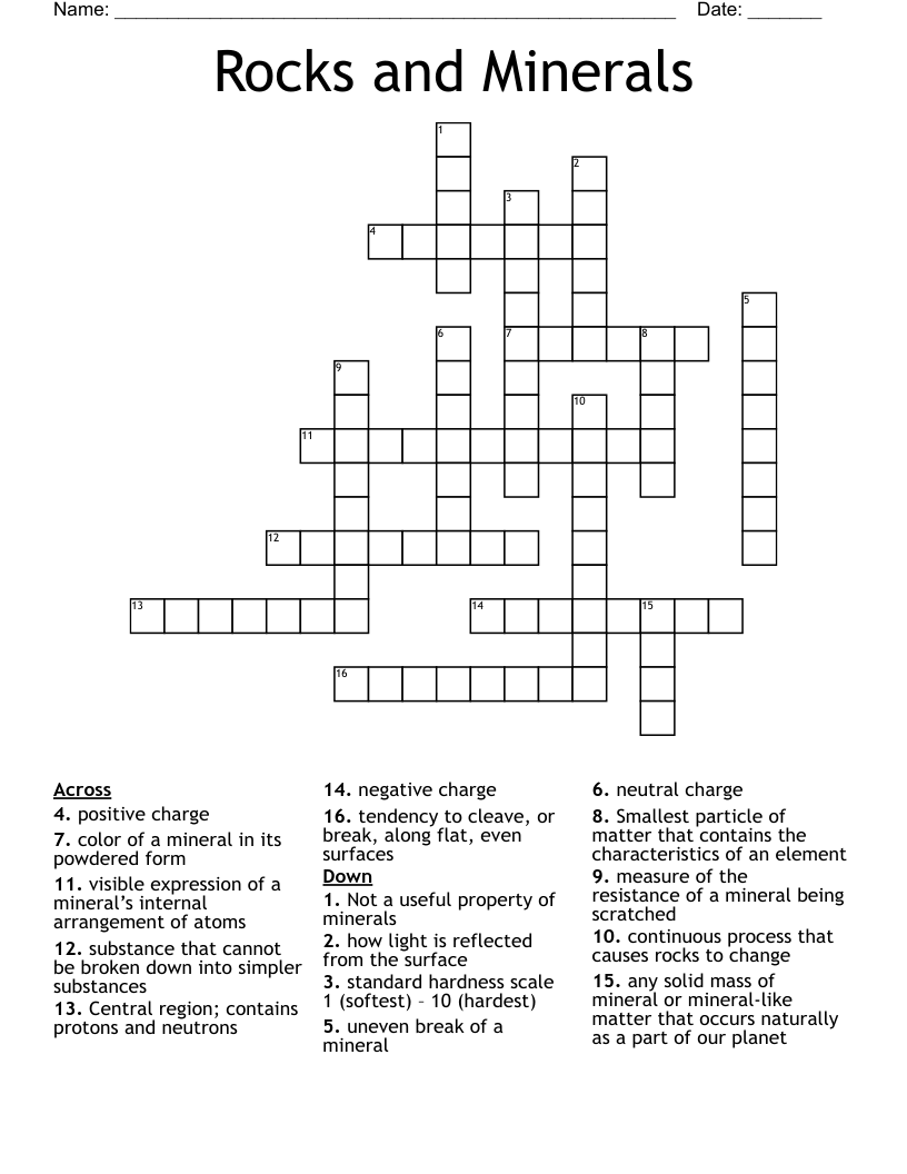 Rocks and Minerals  Crossword