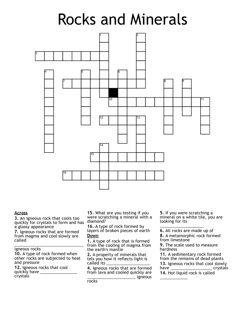 Rocks and Minerals  Crossword