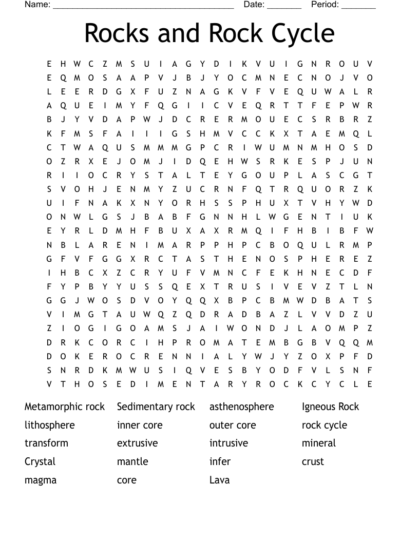 Rocks and Rock Cycle Word Search
