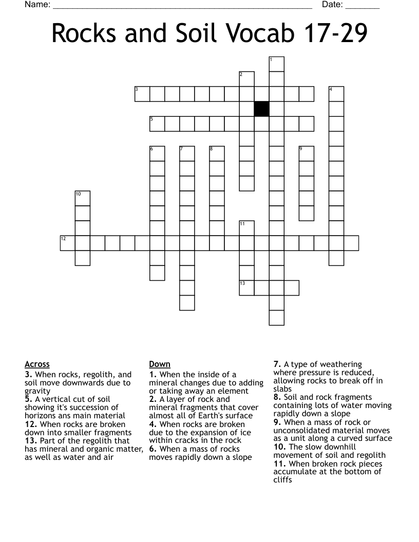 Rocks and Soil Vocab 17-29 Crossword