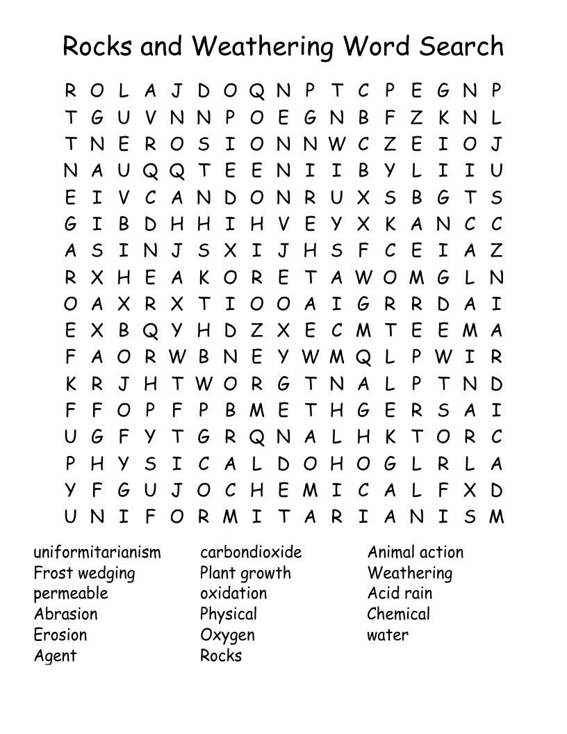 Rocks and Weathering Word Search 