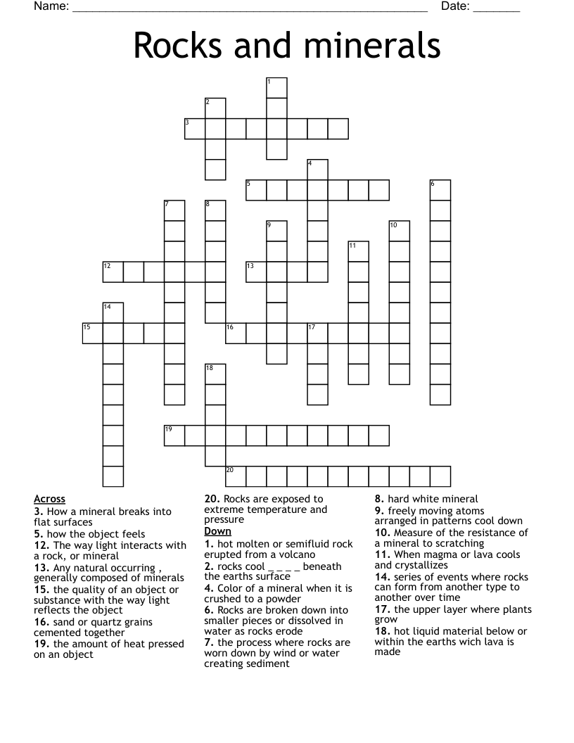 Rocks and minerals Crossword