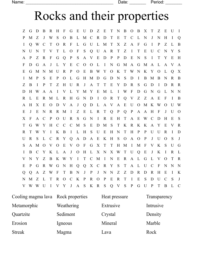 Rocks and their properties  Word Search