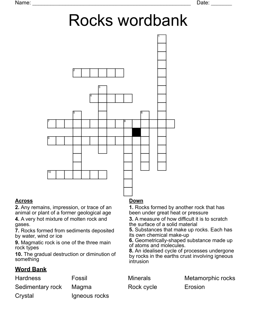 Rocks wordbank Crossword