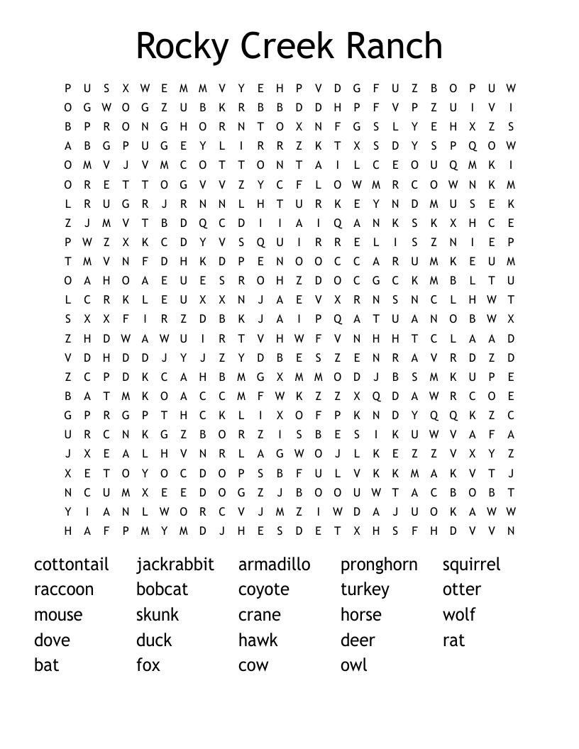 Rocky Creek Ranch Word Search