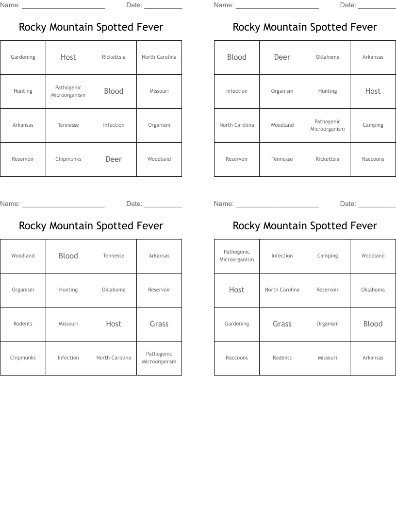 Rocky Mountain Spotted Fever Bingo Cards