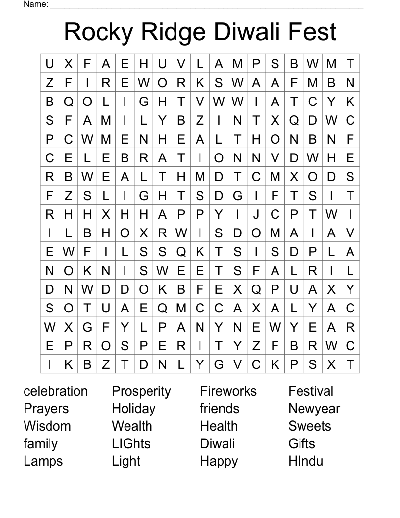 Rocky Ridge Diwali Fest Word Search