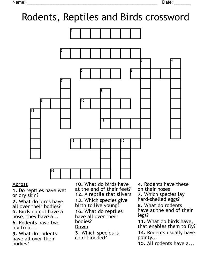 Rodents, Reptiles and Birds crossword