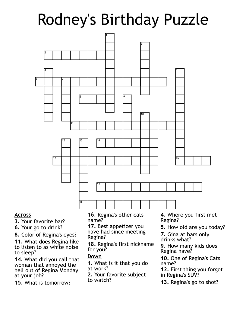 Rodney's Birthday Puzzle Crossword