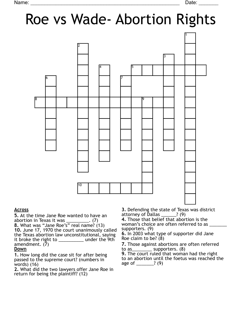 Roe vs Wade- Abortion Rights Crossword