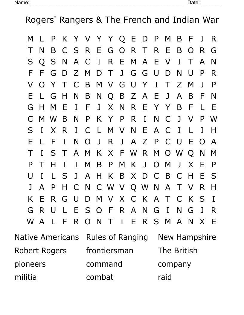 Rogers' Rangers & The French and Indian War Word Search
