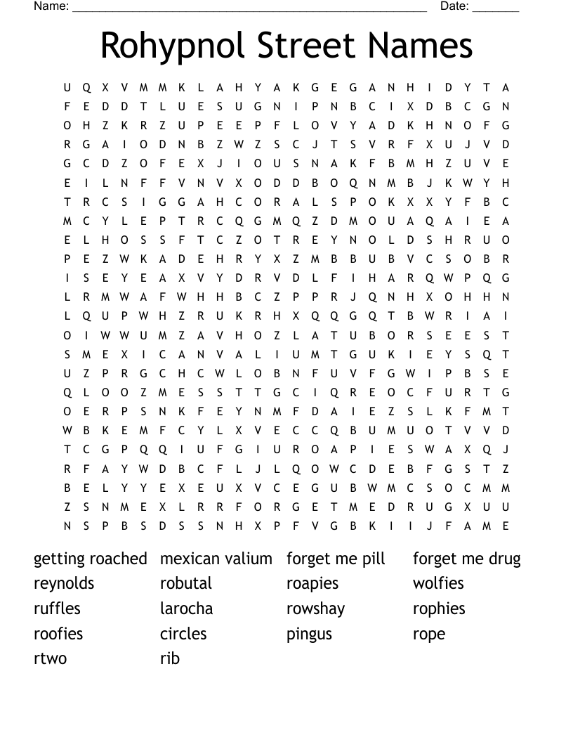 Rohypnol Street Names Word Search