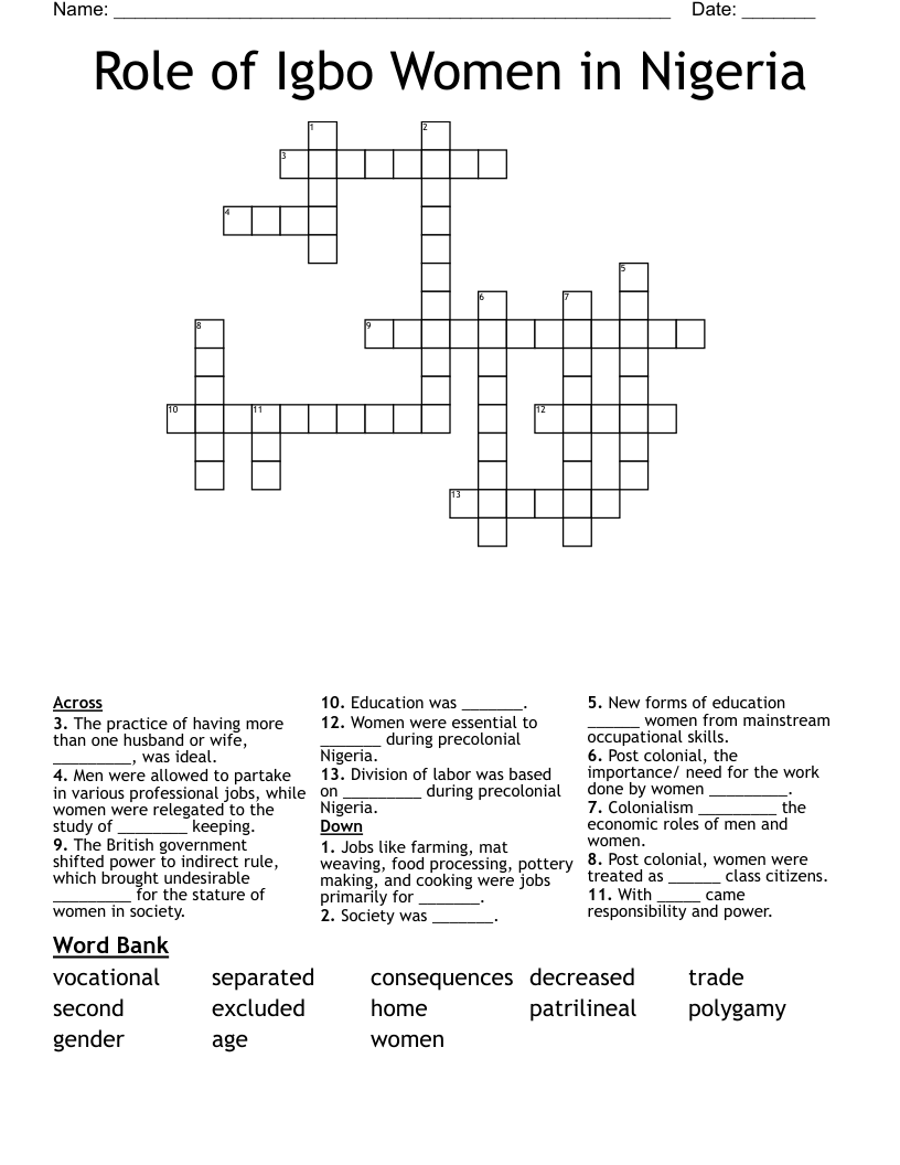 Role of Igbo Women in Nigeria Crossword