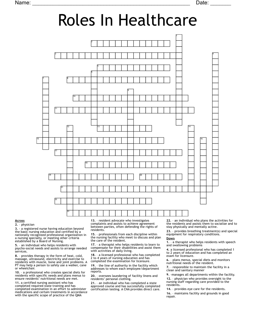 Roles In Healthcare Crossword
