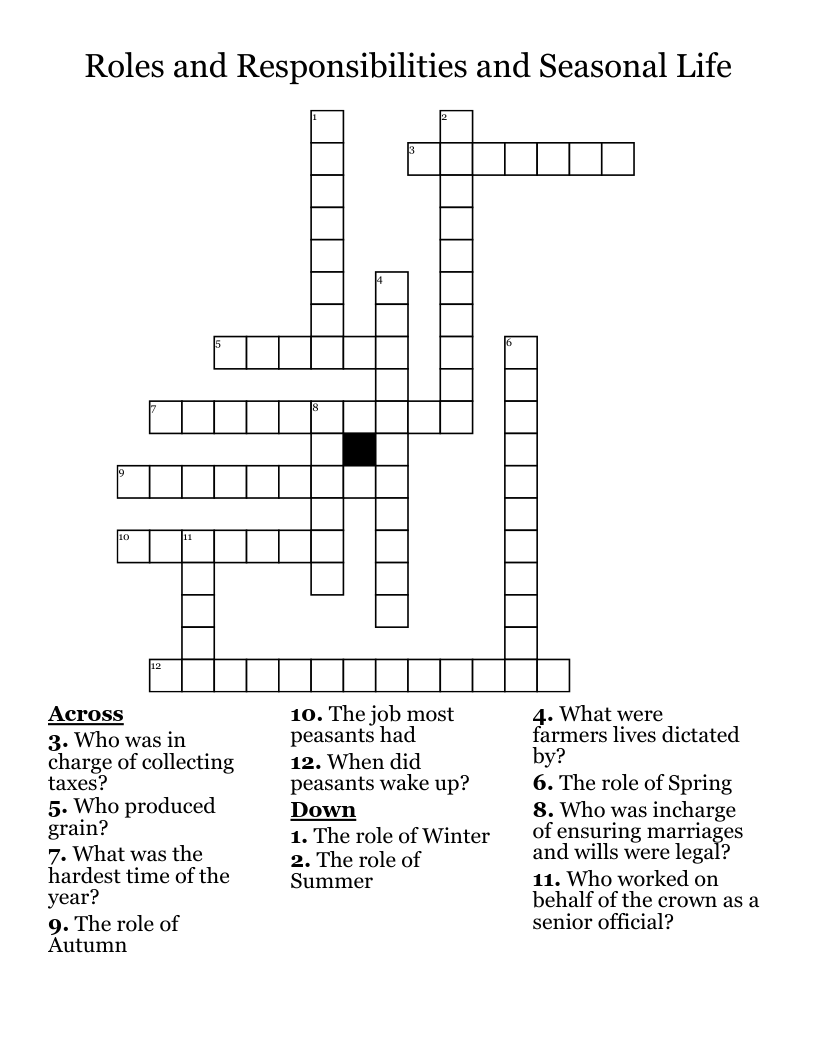 Roles and Responsibilities and Seasonal Life Crossword