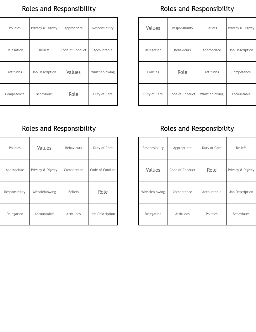 Roles and Responsibility Bingo Cards