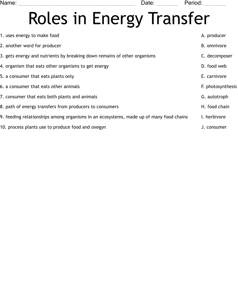 Roles in Energy Transfer Worksheet