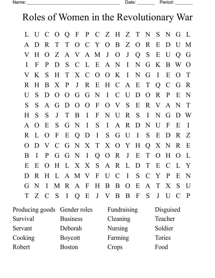 Roles of Women in the Revolutionary War Word Search