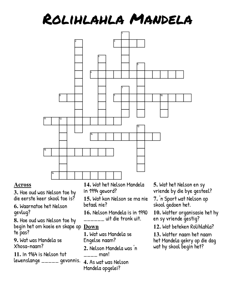 Rolihlahla Mandela Crossword