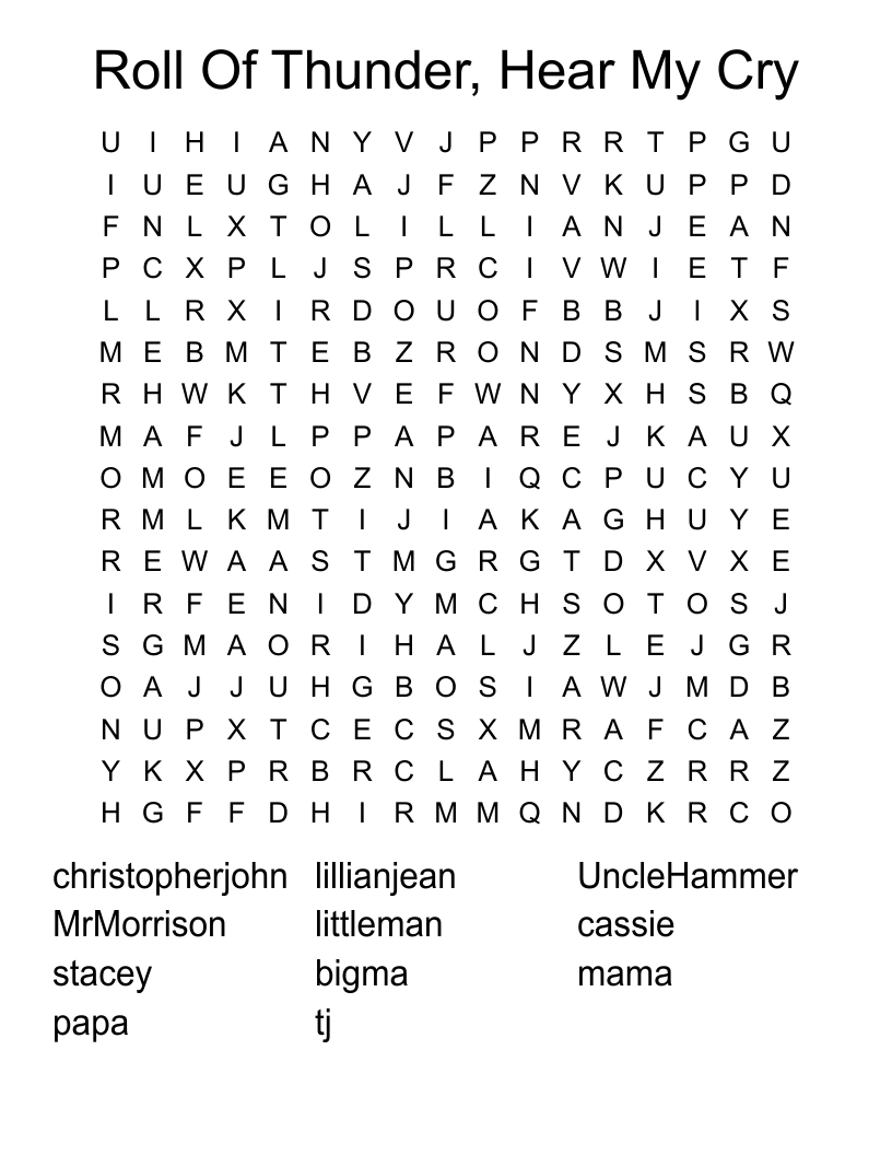 Roll Of Thunder, Hear My Cry Word Search