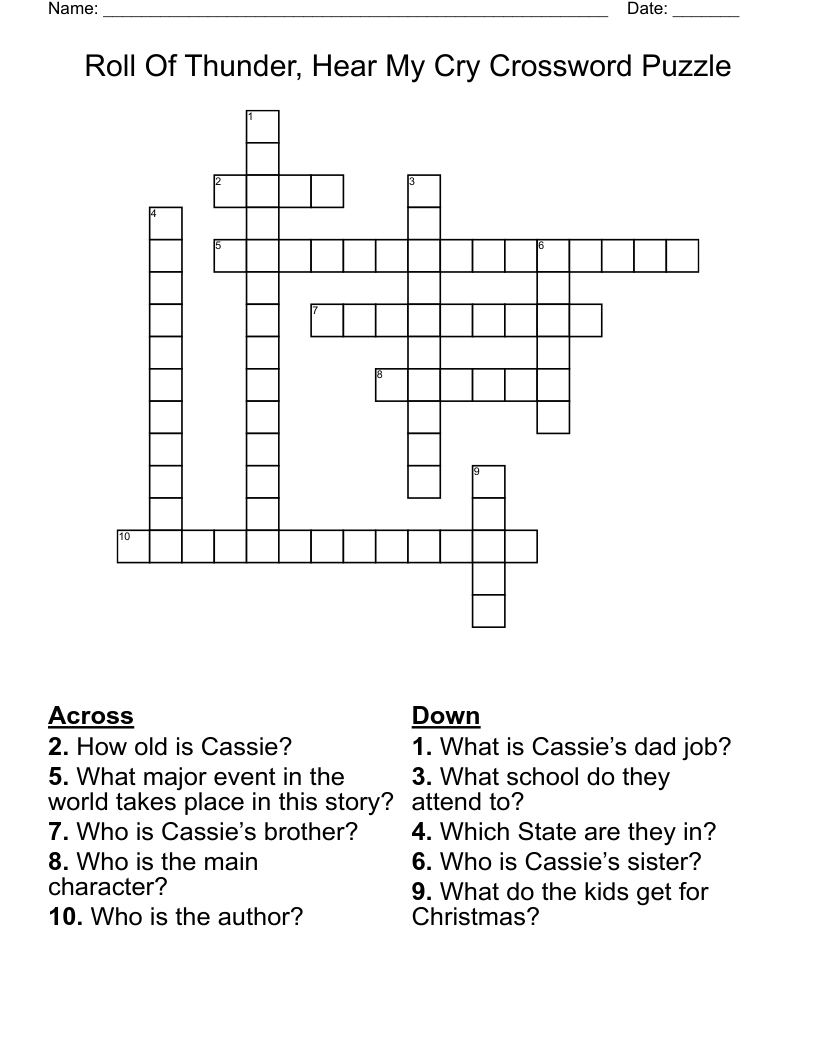 Roll Of Thunder, Hear My Cry Crossword Puzzle