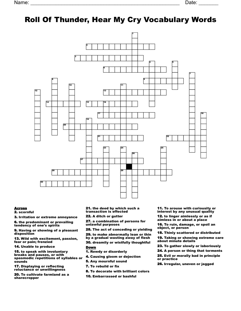 Roll Of Thunder, Hear My Cry Vocabulary Words Crossword
