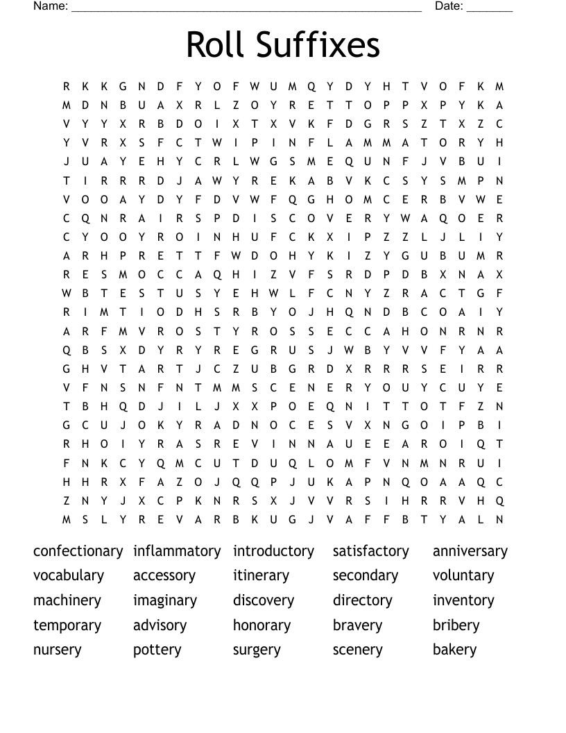 Roll Suffixes Word Search
