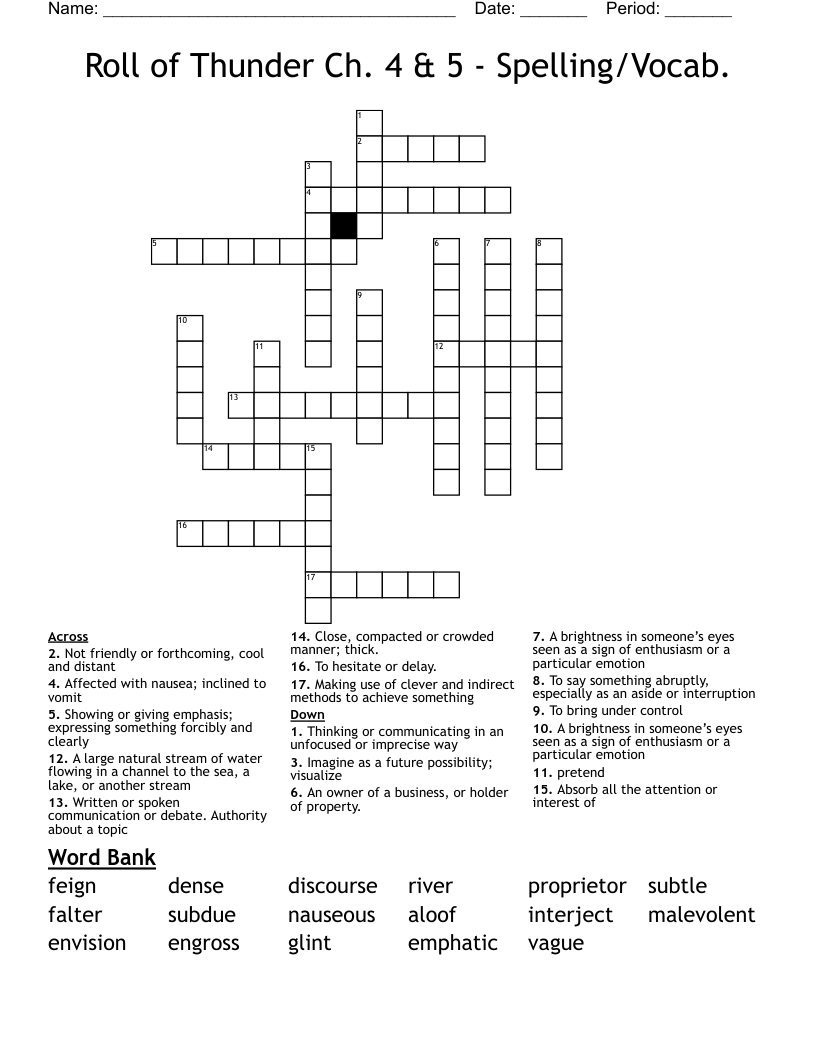 Roll of Thunder Ch. 4 & 5 - Spelling/Vocab. Crossword