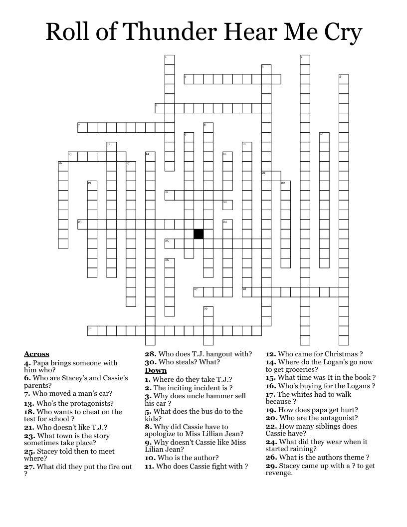Roll of Thunder Hear Me Cry  Crossword