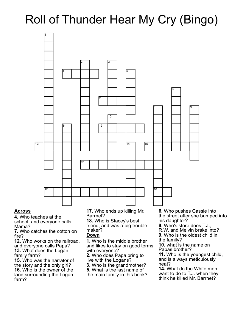 Roll of Thunder Hear My Cry (Bingo) Crossword